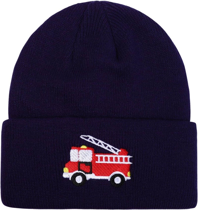 KDVOG Store Kids Knit Beanie Cute Fire Trucks Embroidery Warm Cuffed Skull Caps Classic Autumn Winter Hats for Boys Girls 3-8 Years - Image 1